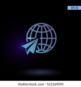 Globe with airplane vector icon. Graphic symbol for web design, logo. Isolated sign on a black background.