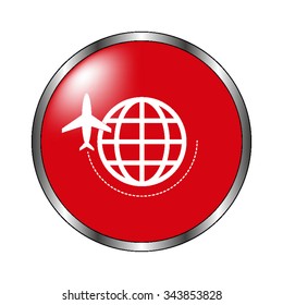 globe with airplane - vector icon on the  red button
