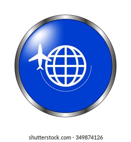 globe with airplane - vector icon on the blue button