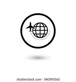 globe with airplane - vector icon with shadow
