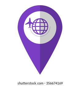 globe with airplane - vector icon;  violet map pointer