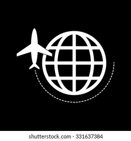 globe with airplane - white vector icon