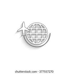 globe with airplane - white vector icon with  shadow