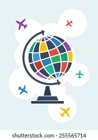 Globe and airplanes. Vector illustration. 