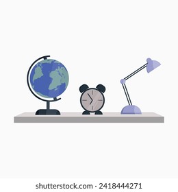 Globe, alarm clock and table lamp on the wall shelf on a white background