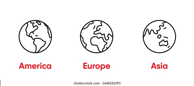 Globe of America, Europe, Asia Thin Line Editable Stroke icons. Vector Template