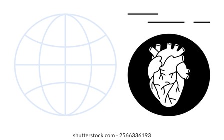Globe with anatomical heart in a black circle and bar lines. Ideal for global health, medical research, cardiology, anatomy education, and healthcare awareness. Minimalist flat design