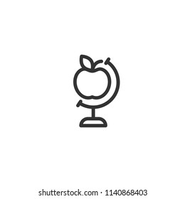 Globe apple icon isolated on white. Black line flat Earth planet model. Science symbol. School study, education and mental outlook metaphor. Geography, navigation. Internet search.
