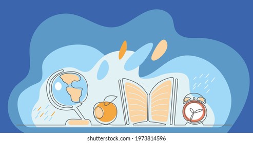 Globe, apple, open book and alarm clock. One line vector drawing. Back to school.