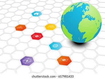 Globe with application and hexagons on white background vector business and technology background some Elements of this image furnished by NASA