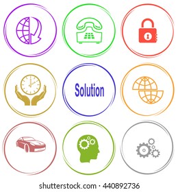 globe and array down, push-button telephone, closed lock, clock in hands, solution, shift globe, car, human brain, gears. Business set. Internet button. Vector icons.