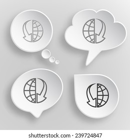 Globe and array down. White flat vector buttons on gray background.