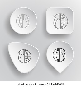Globe and array up. White flat vector buttons on gray background.