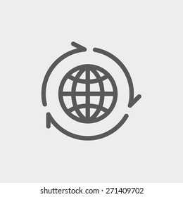 Globe with arrow around icon thin line for web and mobile, modern minimalistic flat design. Vector dark grey icon on light grey background.