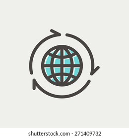 Globe with arrow around icon thin line for web and mobile, modern minimalistic flat design. Vector icon with dark grey outline and offset colour on light grey background.