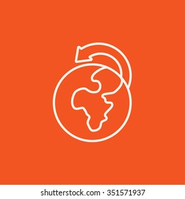 Globe with arrow around line icon for web, mobile and infographics. Vector white icon isolated on red background.