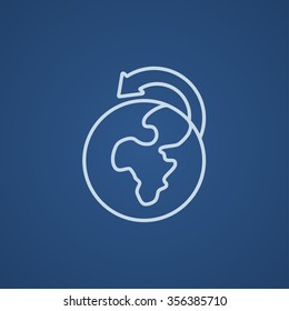 Globe with arrow around line icon for web, mobile and infographics. Vector light blue icon isolated on blue background.