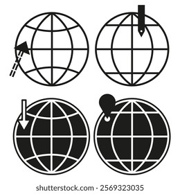 Globe with arrow. Global location symbol. Geographic pinpoint shape. World vector icon.