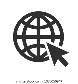Globe and arrow "Go to web" - website icon. Globe icon and arrow that clicks on it. Black pictogram isolated on white background.