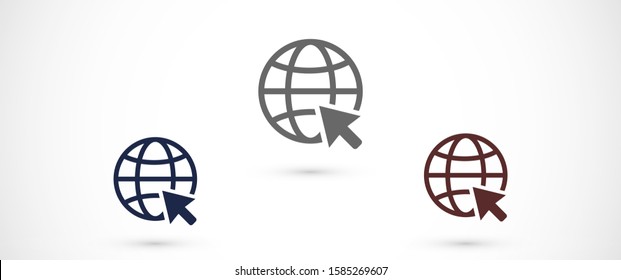 Globe and arrow "Go to web" - website icon. Globe icon and arrow that clicks on it. Black pictogram isolated on white background.
