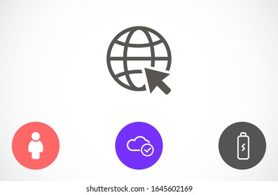 Globe und Pfeil "Go to web" - Website-Symbol. Globe Symbol und Pfeil, der darauf klickt. Schwarzes Piktogramm einzeln auf weißem Hintergrund.
