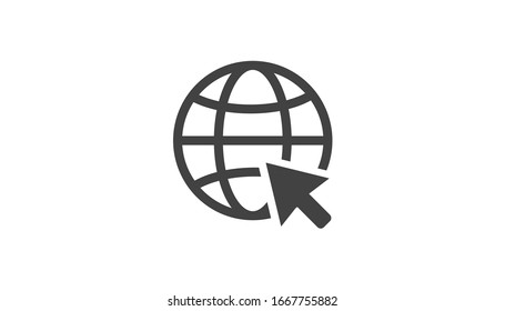 Globe and arrow "Go to web" - website icon. Globe icon and arrow that clicks on it. Black pictogram isolated on white background.