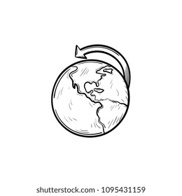Globe with an arrow hand drawn outline doodle icon. Global transportation and travel concept concept vector sketch illustration for print, web, mobile and infographics isolated on white background.
