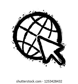 Globe and arrow icon. Black ink with splashes on white background