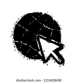 Globe and arrow icon. Black ink with splashes on white background