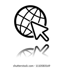 Globe and arrow icon. Black icon with mirror reflection on white background