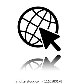 Globe and arrow icon. Black icon with mirror reflection on white background