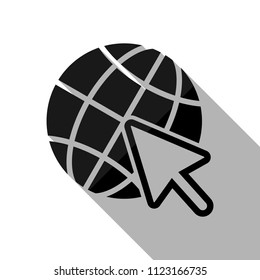 Globe and arrow icon. Black object with long shadow on white background