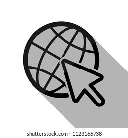 Globe and arrow icon. Black object with long shadow on white background