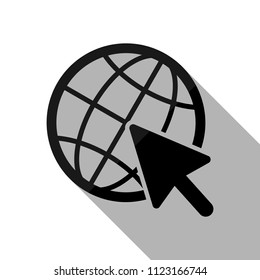 Globe and arrow icon. Black object with long shadow on white background