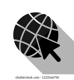 Globe and arrow icon. Black object with long shadow on white background