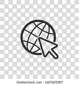 Globe and arrow icon. Black symbol on transparency grid