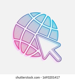 Globe and arrow icon. Colored logo with diagonal lines and blue-red gradient. Neon graphic, light effect