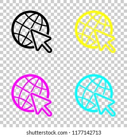 Globe and arrow icon. Colored set of cmyk icons on transparent background