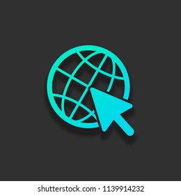 Globe and arrow icon. Colorful logo concept with soft shadow on dark background. Icon color of azure ocean
