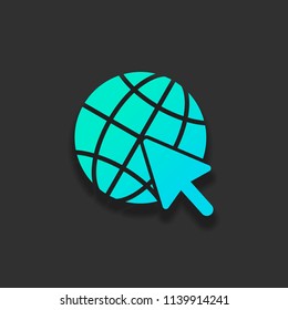 Globe and arrow icon. Colorful logo concept with soft shadow on dark background. Icon color of azure ocean