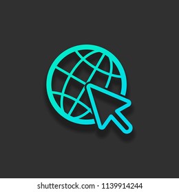 Globe and arrow icon. Colorful logo concept with soft shadow on dark background. Icon color of azure ocean