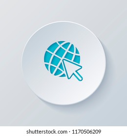 Globe and arrow icon. Cut circle with gray and blue layers. Paper style