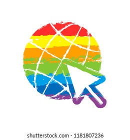 Globe and arrow icon. Drawing sign with LGBT style, seven colors of rainbow (red, orange, yellow, green, blue, indigo, violet