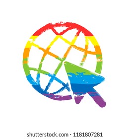 Globe and arrow icon. Drawing sign with LGBT style, seven colors of rainbow (red, orange, yellow, green, blue, indigo, violet