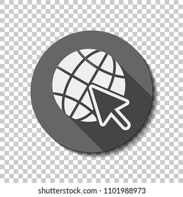 Globe and arrow icon. flat icon, long shadow, circle, transparent grid. Badge or sticker style