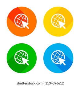 Globe and arrow icon. Flat white icon on colored circles background. Four different long shadows in each corners