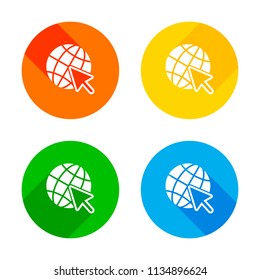 Globe and arrow icon. Flat white icon on colored circles background. Four different long shadows in each corners