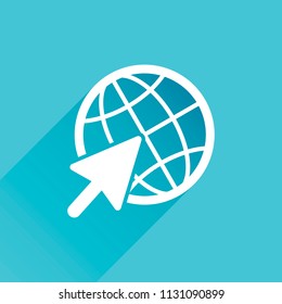 Globe and arrow icon. Gray icon with long shadow in bottom left corner on blue background