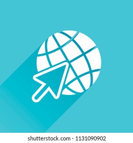Globe and arrow icon. Gray icon with long shadow in bottom left corner on blue background