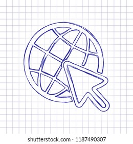 Globe and arrow icon. Hand drawn picture on paper sheet. Blue ink, outline sketch style. Doodle on checkered background